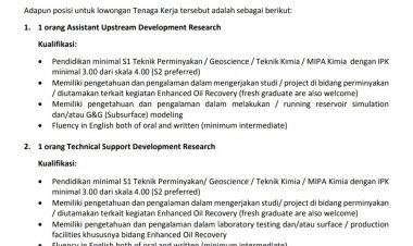 [KESEMPATAN PLATINUM] Lowongan Tenaga Kerja Kontrak Development Research, Upstream Research, dan Technology Innovation (URTI) PT. Pertamina (Persero)