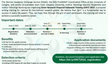 [Kesempatan Platinum] Call for Applications : GRIT (Grant Research proposal Indonesia Training): Translating Your Research Idea 2022