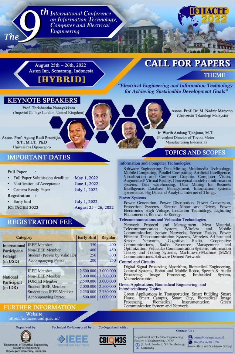 [August 2022] The 9th International Conference on Information Technology, Computer and Electrical Engineering | Call For Paper “Electrical Engineering and Information Technology for Achieving Sustainable Development Goals”