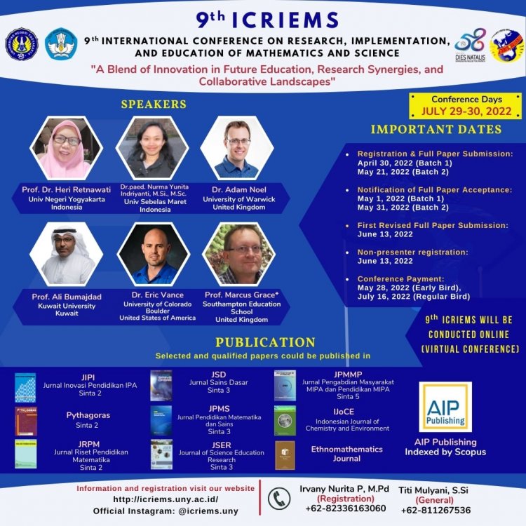 [29-30 Juli 2022] The 9th International Conference on Research Implementation and Education of Mathematics and Science (ICRIEMS)