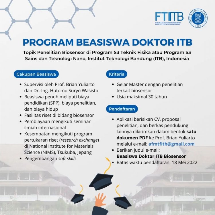 [Kesempatan Platinum] Program Beasiswa Doktor ITB | Topik Penelitian Biosensor di Program S3 Teknik Fisika atau Program S3 Sains dan Teknologi Nano, Institut Teknologi Bandung (ITB), Indonesia