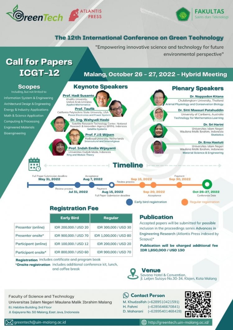 [26-27 October 2022] Call For Papers | The 12th International Conference on Green Technology “Empowering Innovative Science and Technology for Future Environmental Perspective”