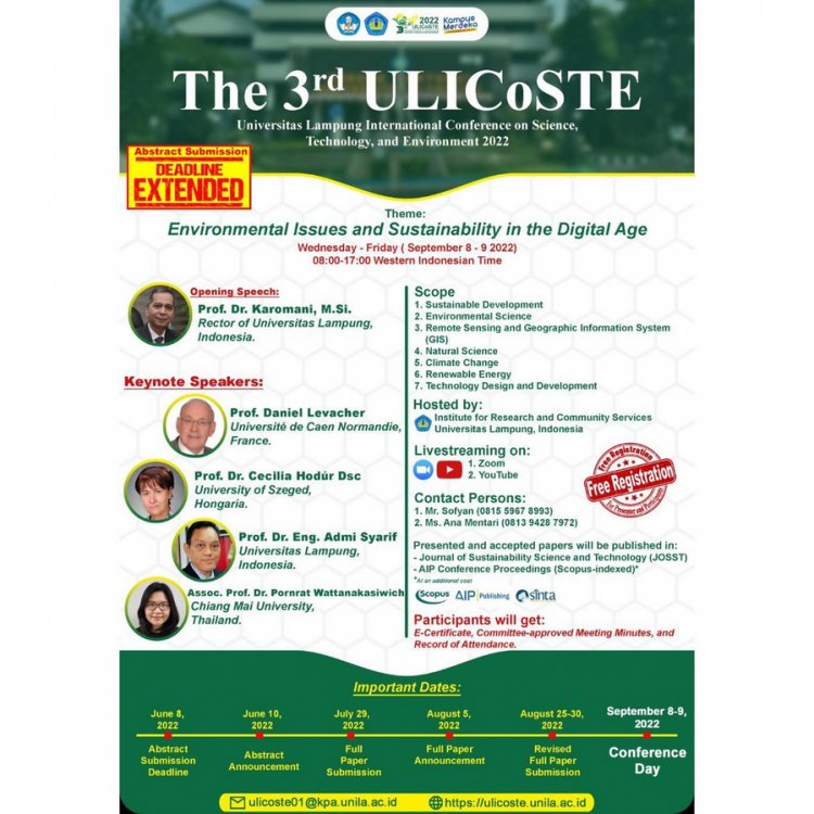 [8-9 September 2022] The 3rd Universitas Lampung Internasional Conference on Science, Technology, and Environment (ULICoSTE) 2022