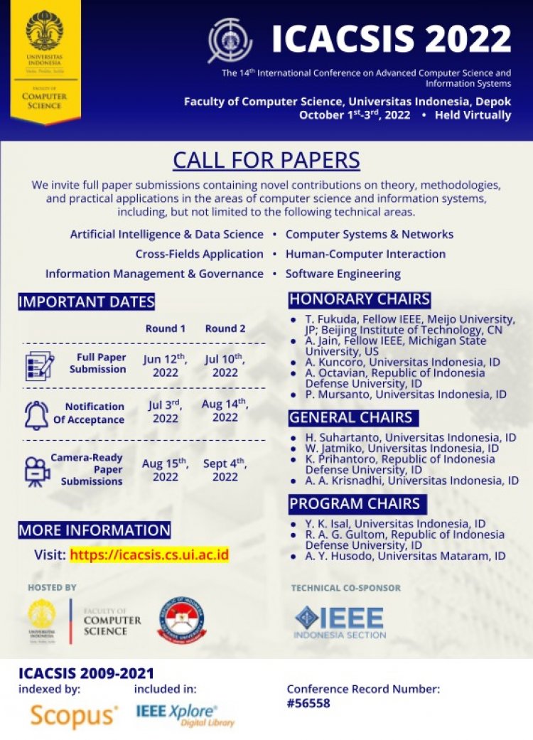 [1-3 Oktober 2022] The 2022 International Conference on Advanced Computer Science and Information Systems (ICACSIS)