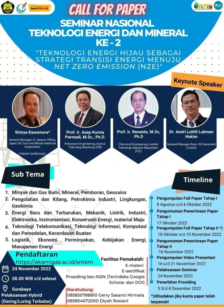 [24 November 2022] Call For Paper | Seminar Nasional Teknologi Energi dan Mineral Ke-2 | PEM Akamigas