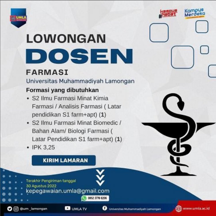 [Before 30 Agustus 2022] Lowongan Dosen Farmasi Universitas Muhammadiyah Lamongan