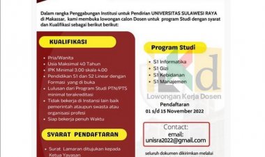 [Paling Lambat 15 November 2022] Lowongan Dosen Tetap Universitas Sulawesi Raya