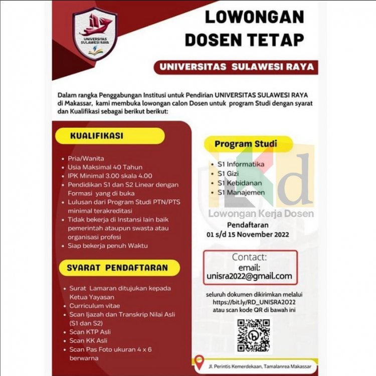 [Paling Lambat 15 November 2022] Lowongan Dosen Tetap Universitas Sulawesi Raya