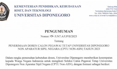 [17 Februari-6 Maret 2023] PENERIMAAN DOSEN CALON PEGAWAI TETAP UNIVERSITAS DIPONEGORO NON APARATUR SIPIL NEGARA TAHUN 2023