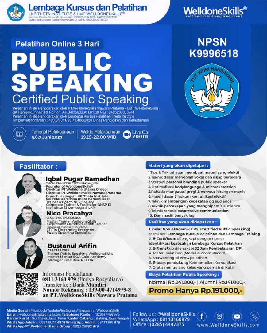 [ 5,6,7 Juni 2023 ] Pelatihan Public Speaking Online selama 3 Hari