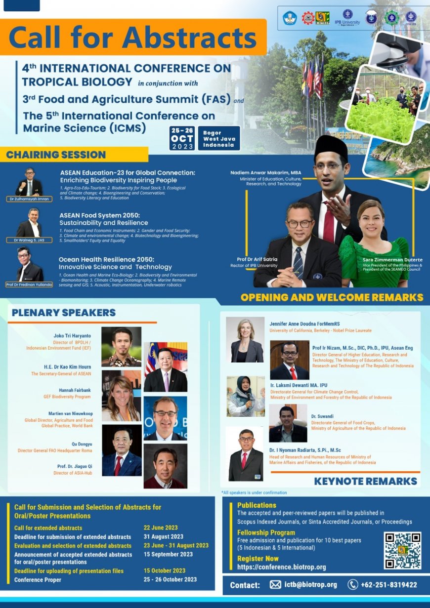 [Conference | 25 - 26 Oktober 2023] 4th International Conference on Tropical Biology (ICTB) in conjunction with Food and Agriculture Summit (FAS) & the 5th International Conference on Marine Science (ICMS)