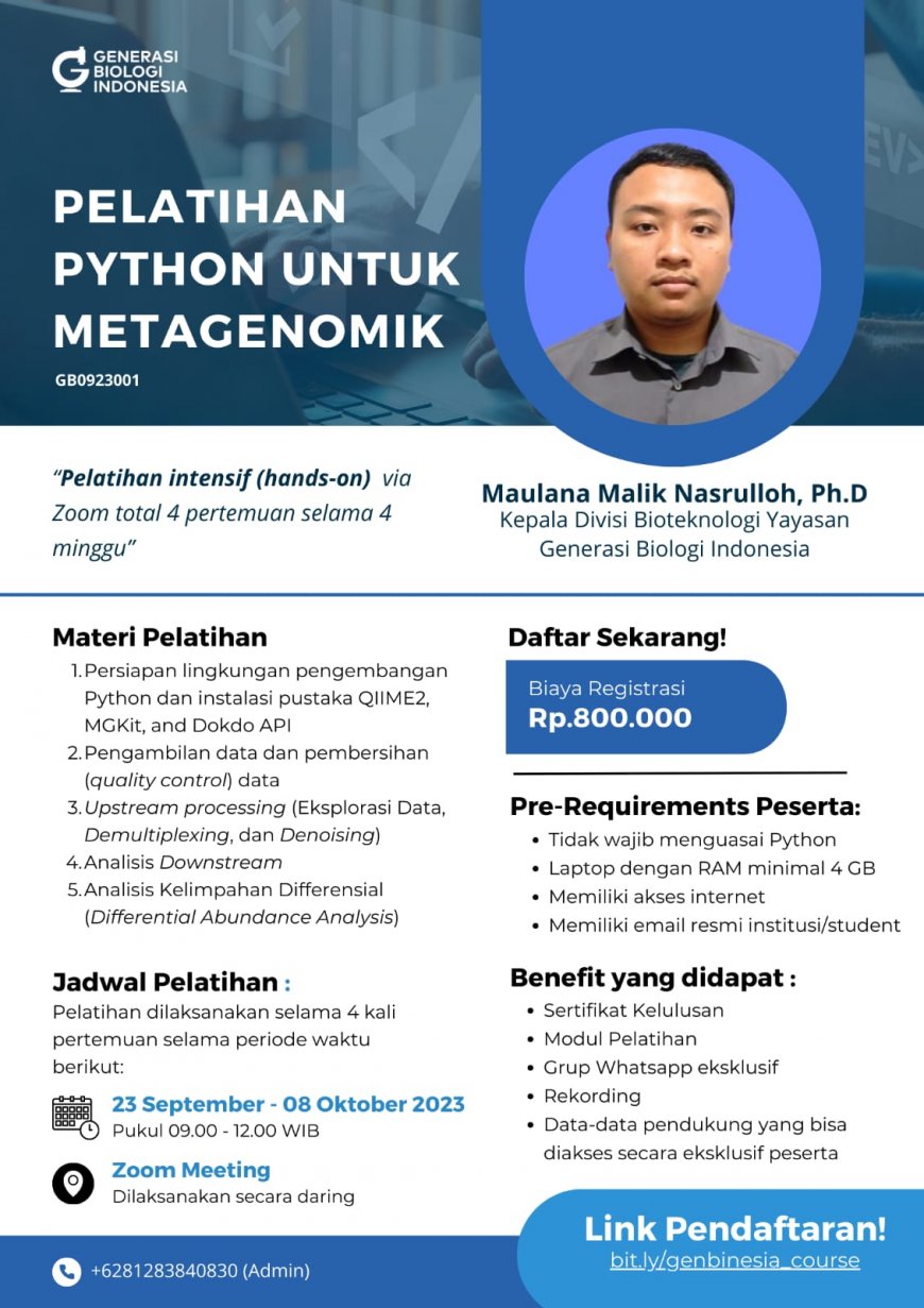 [23 & 30 September 2023,  dan 7-8 Oktober 2023] Pelatihan Python untuk Metagenomik