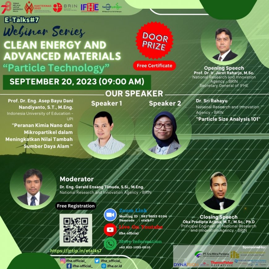 [Webinar | 20 September 2023] Clean Energy and Advanced Materials "Particle Technology" | BRIN
