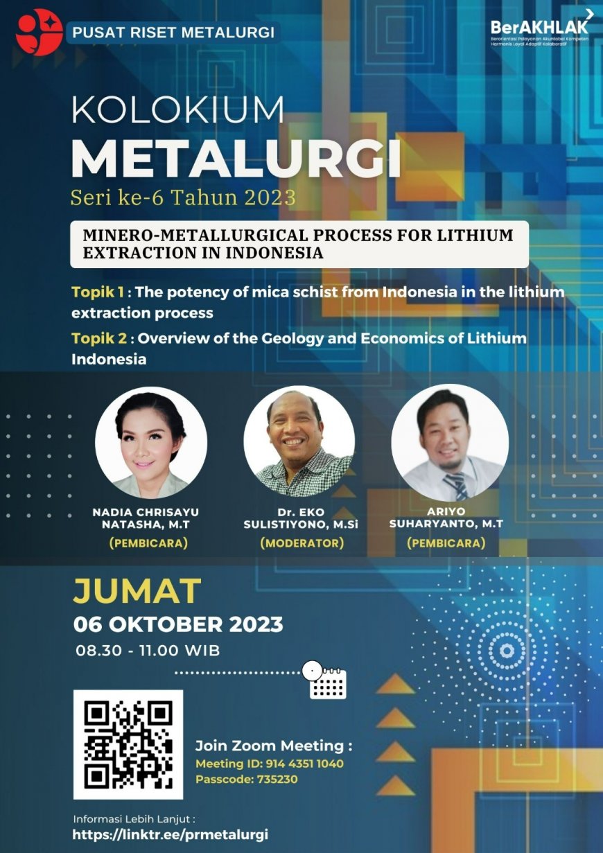 [Seminar | 6 Oktober 2023] Kolokium Metalurgi Seri ke-6 2023 | Minero-Metalurgical Process for Lithium Extraction in Indonesia