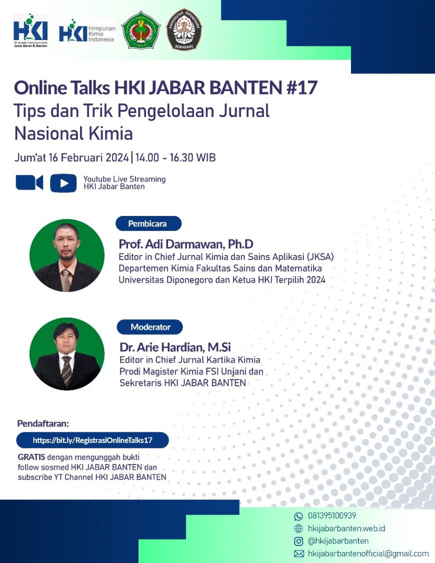 [16 Feb 2024] Online Talks HKI JABAR BANTEN #17 – Tips dan Trik Pengelolaan Jurnal Nasional Kimia