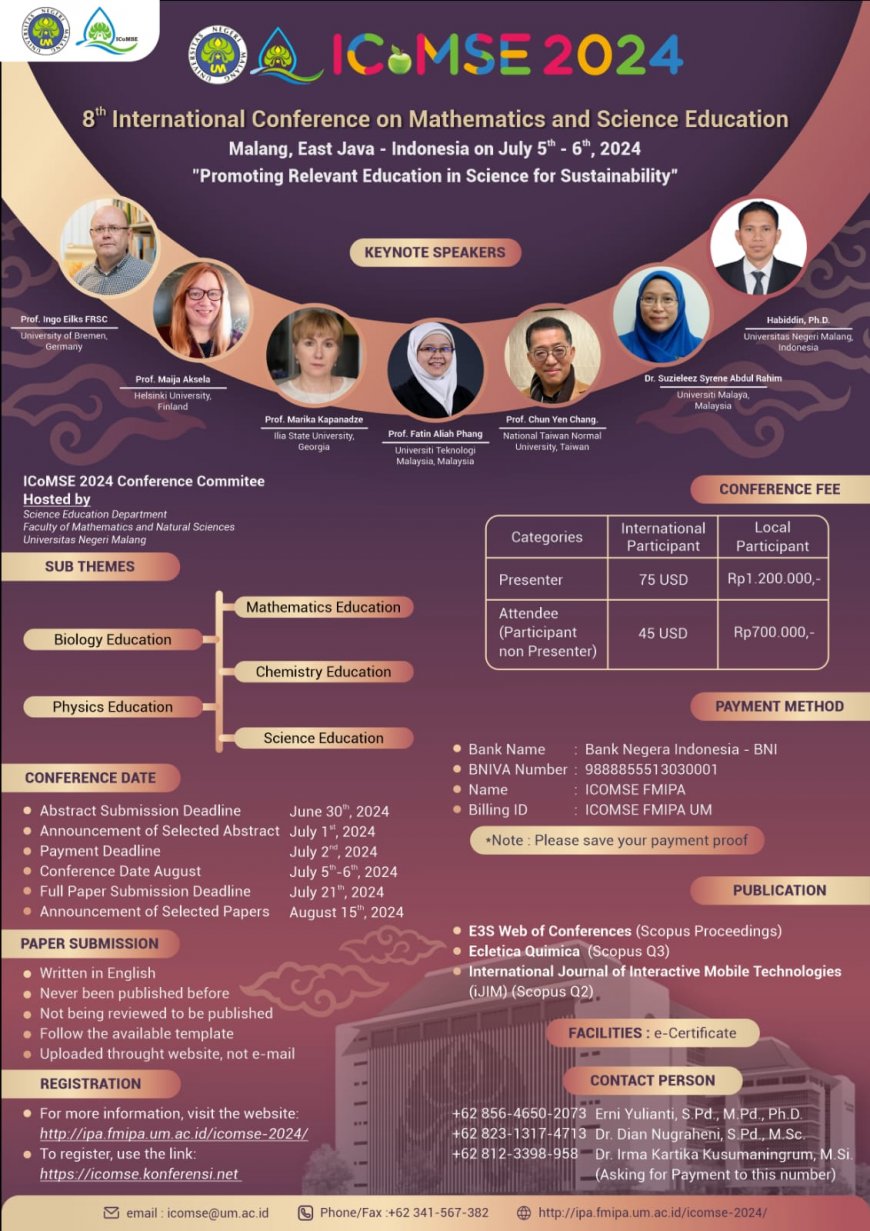 [Conference | 5 - 6 Juli 2024 | Universitas Negeri Malang] The 8th International Conference on Mathematics and Science Education (ICoMSE) 2024