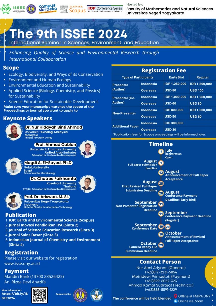 [Conference | 19 - 20 September 2024 | Universitas Negeri Yogyakarta] International Seminar in Sciences, Environment, and Education (ISSEE) 2024