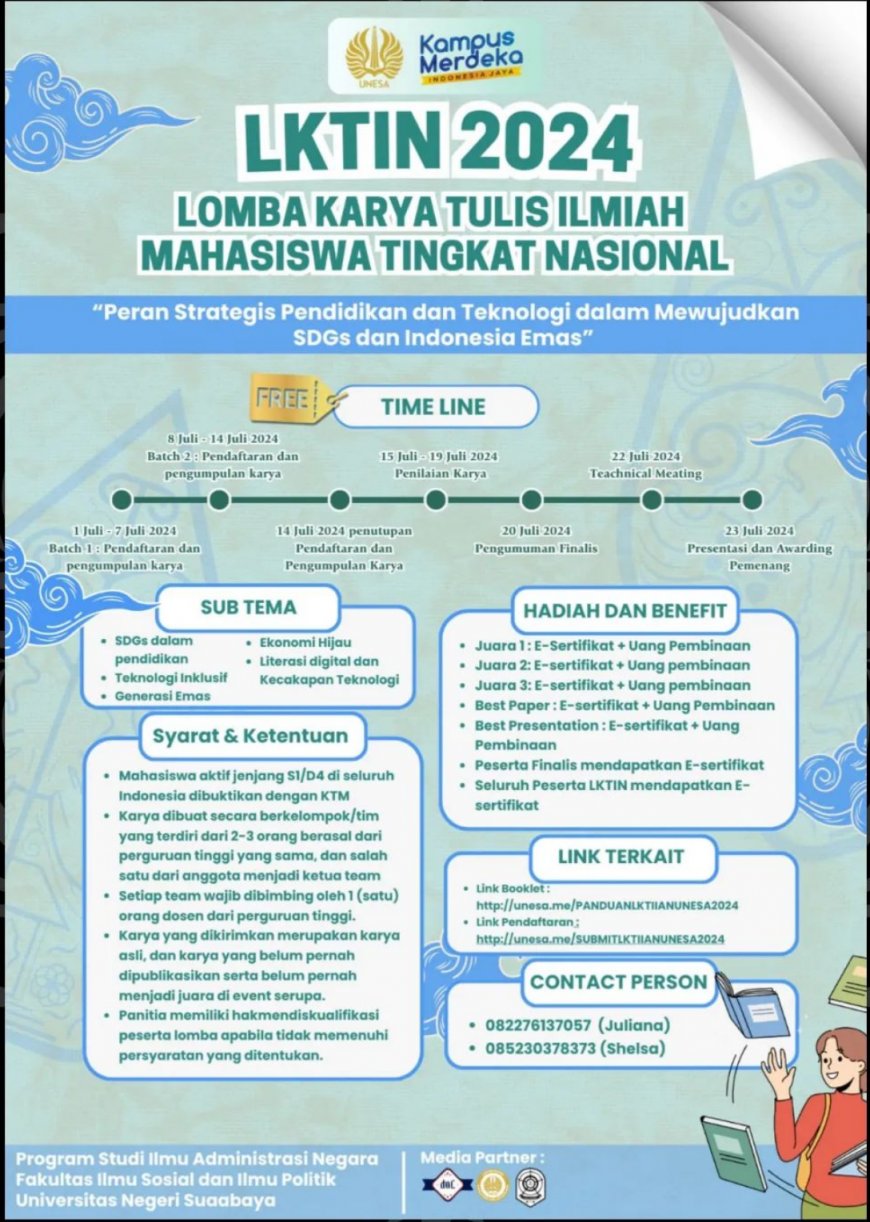 [Deadline 14 Juli 2024] LKTI Mahasiswa Nasional: Peran Strategis Pendidikan dan Teknologi dalam Mewujudkan SDGs dan Indonesia Emas