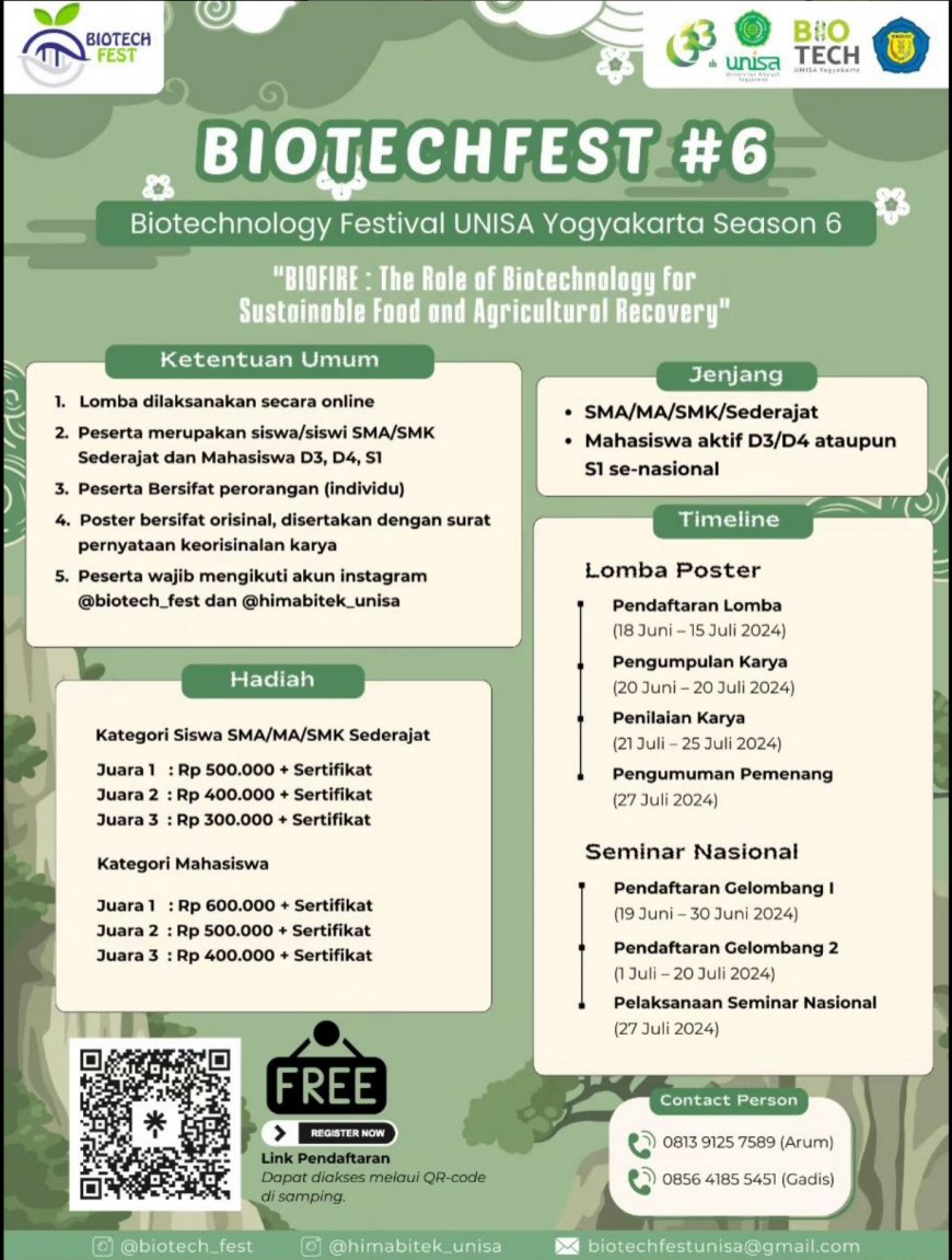 [Daftar 1 Juli-20 Juli 2024] Lomba Poster dan Seminar Nasional The Role of Biotechnolofy for Sustainable Food and Agricultural Recovery