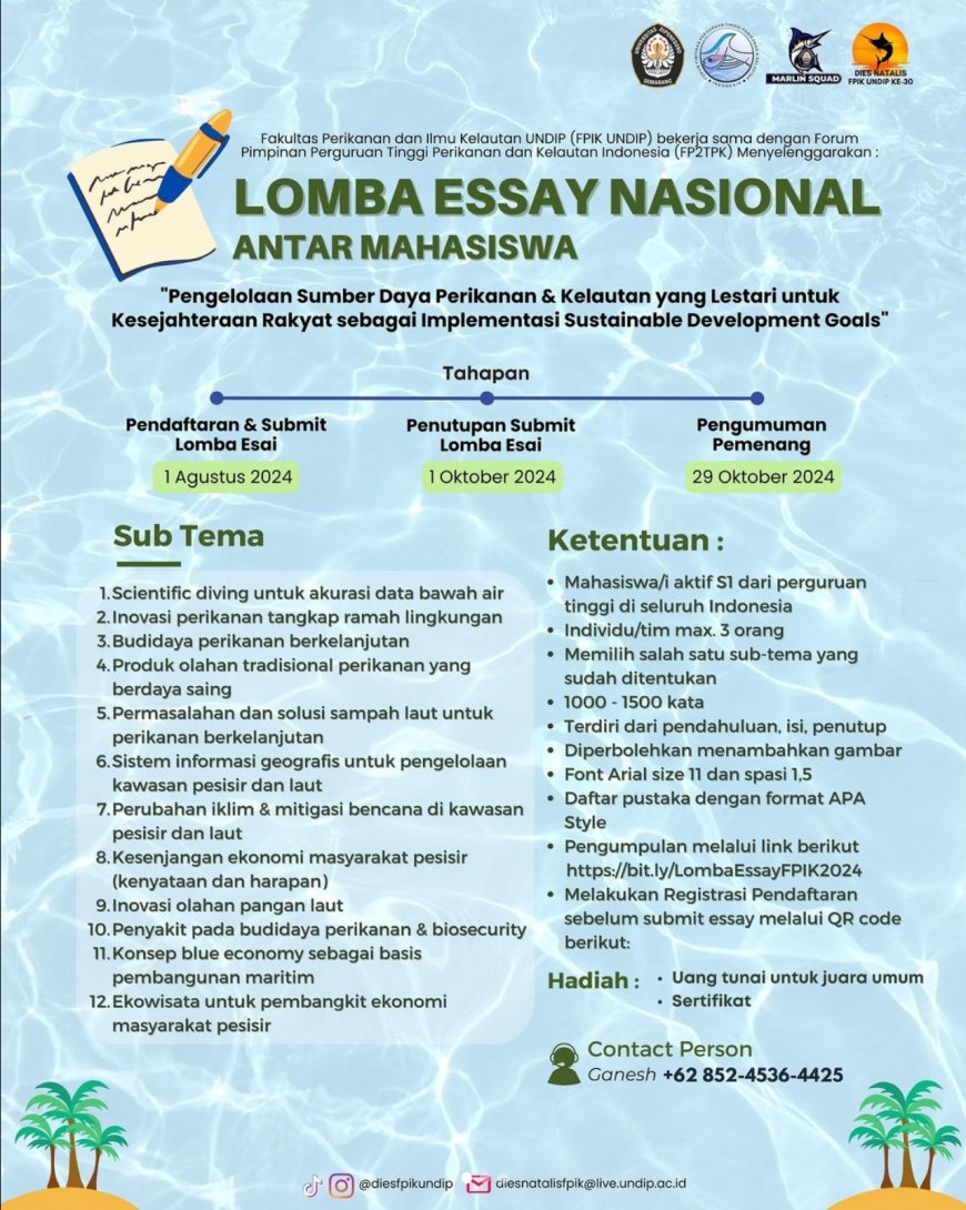 [Pengumpulan 1 Agustus - 1 Oktober 2024] Lomba Essay Nasional Pengelolaan Sumber Daya Perikanan & Kelautan yang Lestari untuk Kesejahteraan Rakyat sebagai Implementasi Sustainable Development Goals