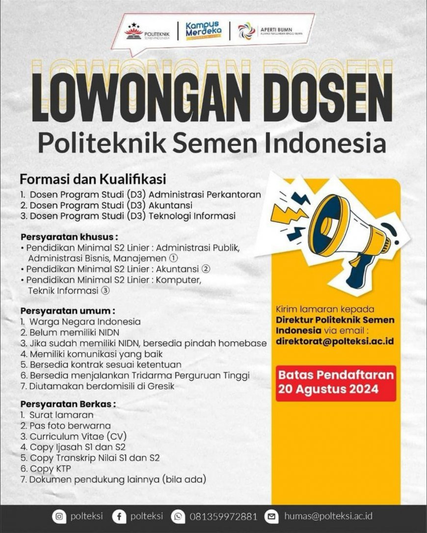 [20 Agustus 2024] Lowongan Dosen Politeknik Semen Indonesia