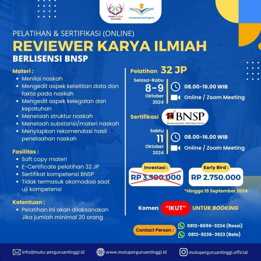 [8-9 Oktober 2024] Pelatihan 32 JP dan Sertifikasi Reviewer Karya Ilmiah Berlisensi BNSP