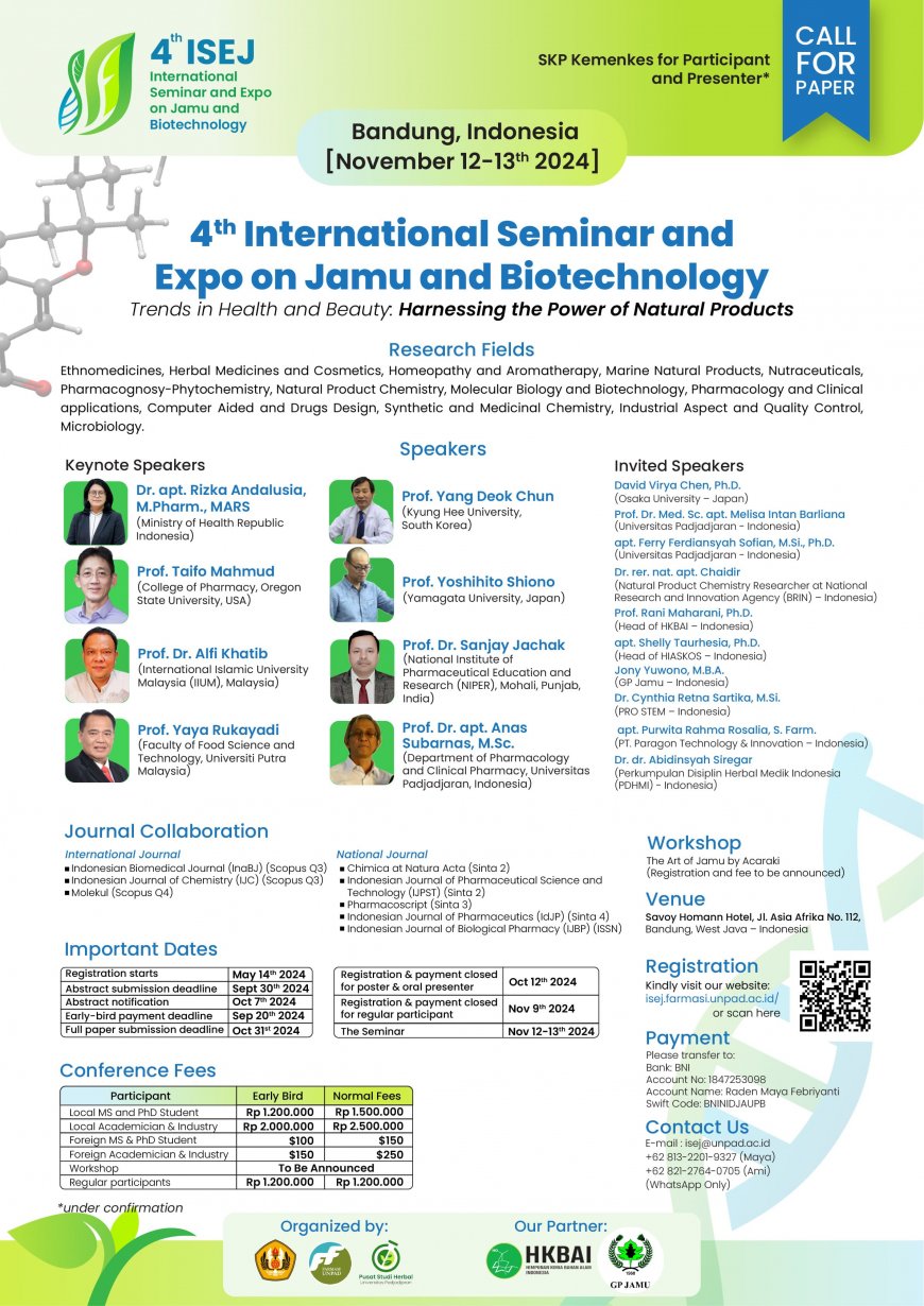 [Conference | 12 - 13 November 2024] The 4th International Seminar and Expo on Jamu (ISEJ) and Biotechnology 2024