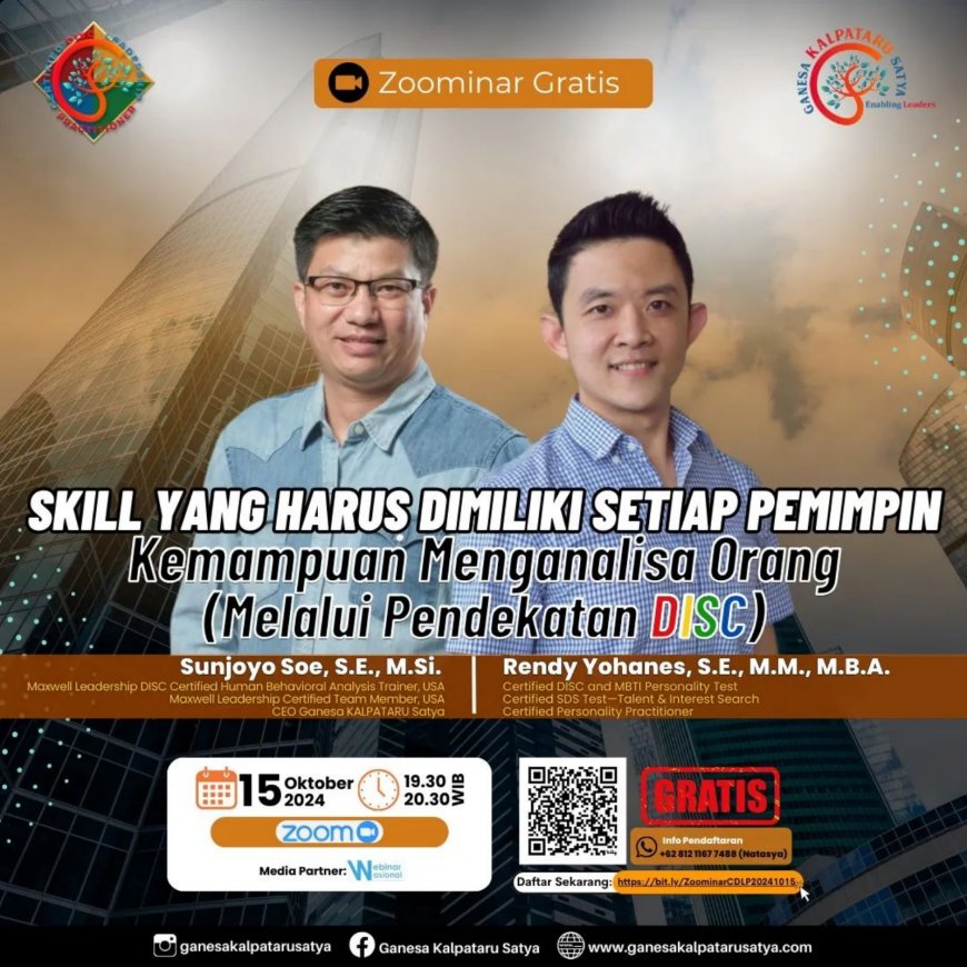 [15 Oktober 2024] Webinar Skill Yang Harus Dimiliki Setiap Pemimpin Dalam Menganalisis Orang Melalui Pendekatan DISC