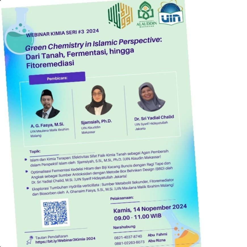 [14 Nopember 2024] Webinar Green Chemistry in Islamic Perspective: Dari Tanah, Fermentasi, hingga Fitoremediasi