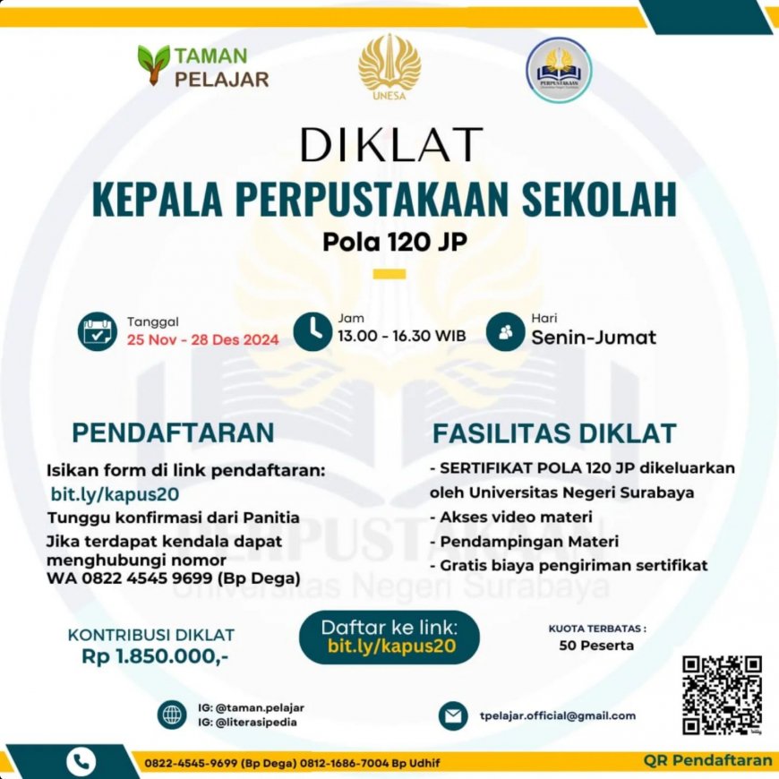 [26 Nov sd 28 Des 2024] Diklat Kepala Perpustakaan Sekolah (Pola 120 JP)