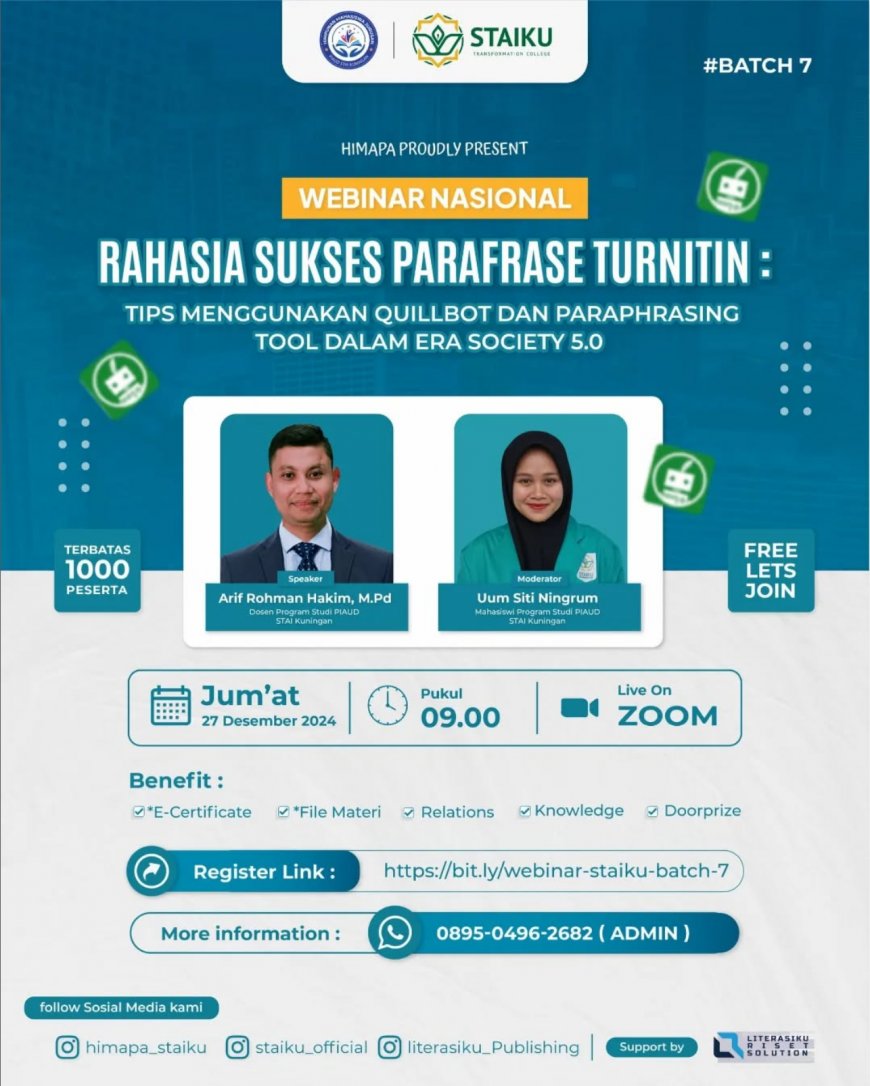 [ 27 Desember 2024 ] Webinar RAHASIA SUKSES PARAFRASE TURNITIN DI ERA SOCIETY 5.0