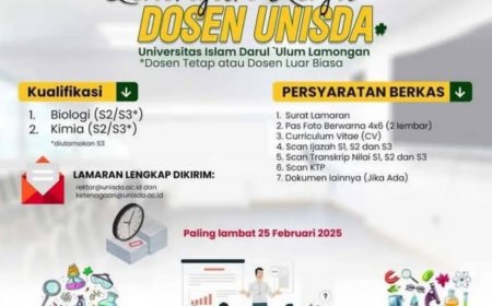 [Deadline 25 Februari 2025] Lowongan Kerja Dosen Universitas Islam Darul 'Ulum Lamongan