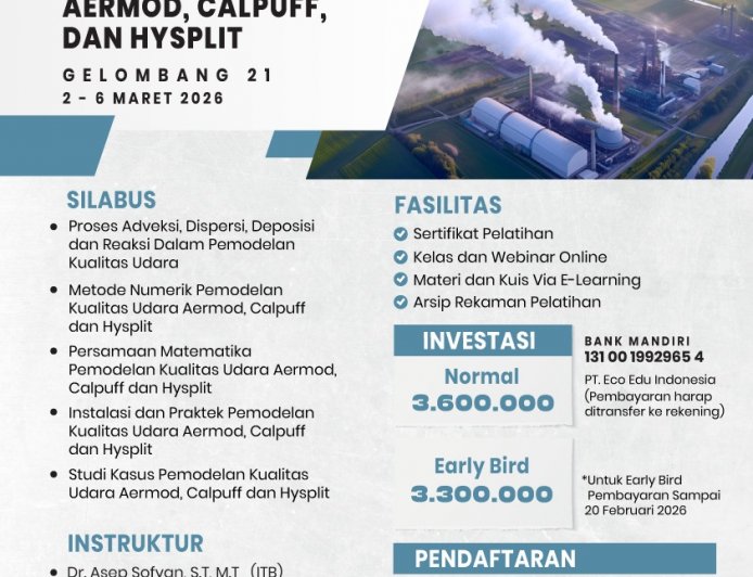 [2-6 Maret 2026] Pelatihan Pemodelan Dispersi Udara: Aermod, Calpuff, & Hysplit