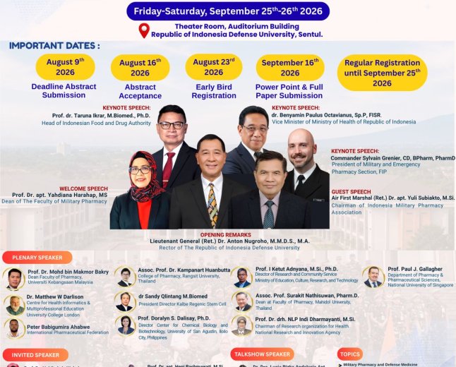 [25-26 Sep 2026] The 6th International Conference on Pharmaceutical Sciences and Military Pharmacy (ICOPMAP) in conjunction with Indonesian Military Pharmacy Association     