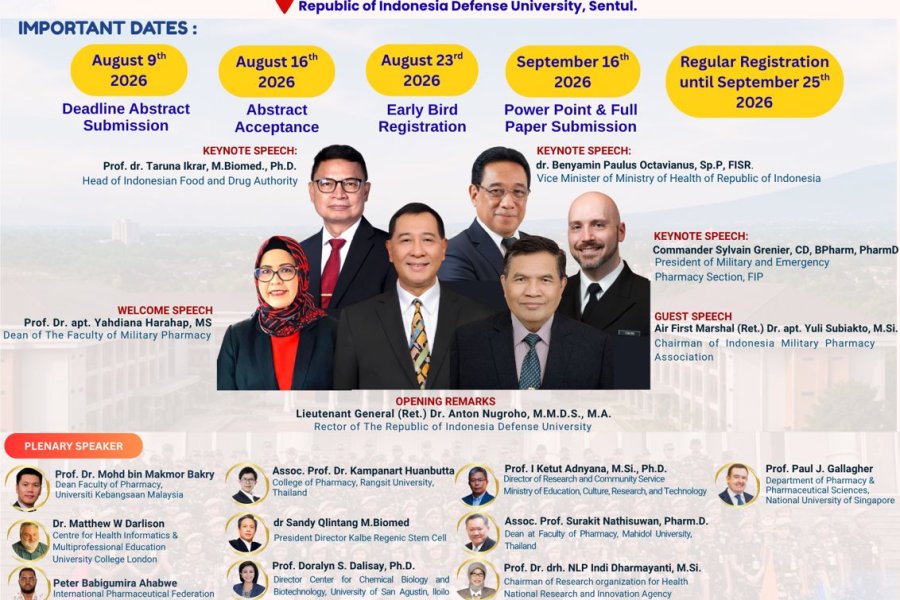 [25-26 Sep 2026] The 6th International Conference on Pharmaceutical Sciences and Military Pharmacy (ICOPMAP) in conjunction with Indonesian Military Pharmacy Association     